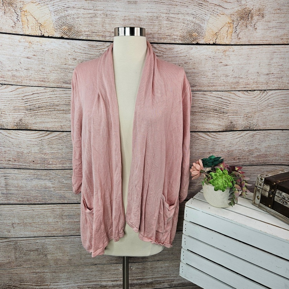 5/$25 Philosophy Woman Open Front Cardigan Pockets 3/4 Sleeve Knit Top Pink 1X